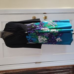 Vintage V Neck Donna Morgan 6P Dress Black w/ Floral Vibrant